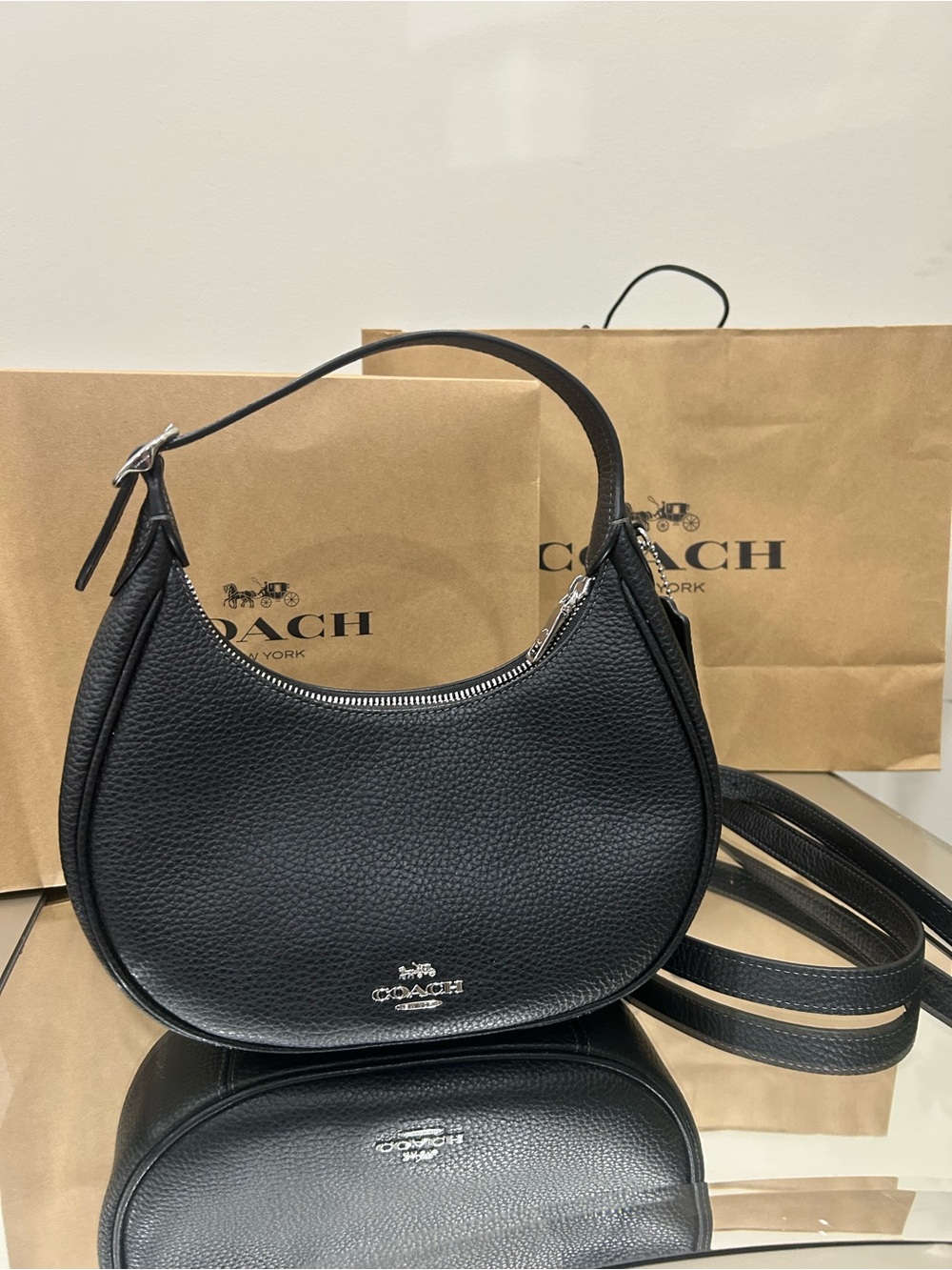 Coach Black Pebble Leather Crescent Shoulder Bag with Silver Hardware